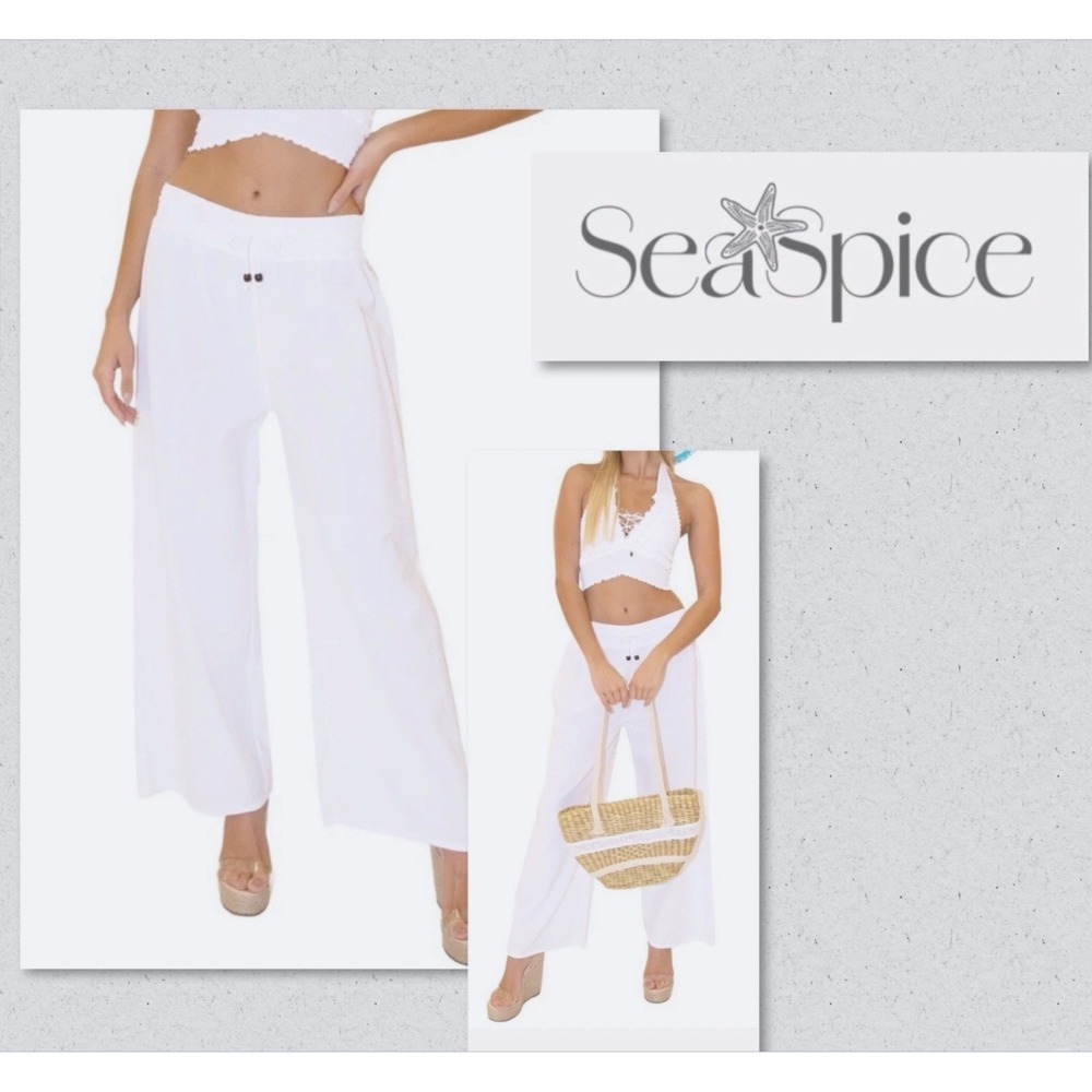SEASPICE NEW Resort Wear Medium Pant Peruvian Cotton White Wide Leg Crochet Side